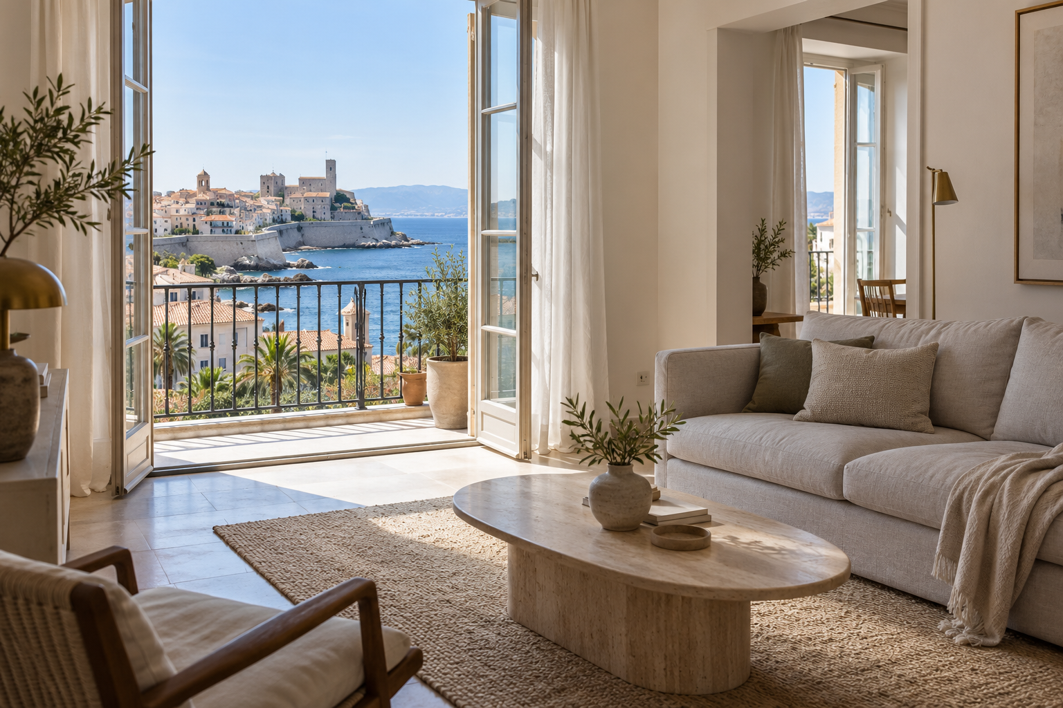 Illustration d’un salon soigné et lumineux avec une vue inspirée du vieil Antibes